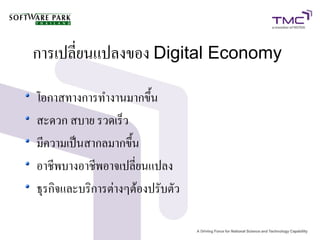 การเปลี่ยนแปลงของ Digital Economy

โอกาสทางการทำงานมากขึ้น
สะดวก สบาย รวดเร็ว
มีความเป็นสากลมากขึ้น
อาชีพบางอาชีพอาจเปลี่ยนแปลง
ธุรกิจและบริการต่างๆต้องปรับตัว
 