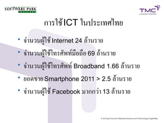 การใช้ ICT ในประเทศไทย
จำนวนผู้ใช้ Internet 24 ล้านราย
จำนวนผู้ใช้โทรศัพท์มือถือ 69 ล้านราย
จำนวนผู้ใช้โทรศัพท์ Broadband 1.66 ล้านราย
ยอดขาย Smartphone 2011 > 2.5 ล้านราย
จำนวนผู้ใช้ Facebook มากกว่า 13 ล้านราย
 