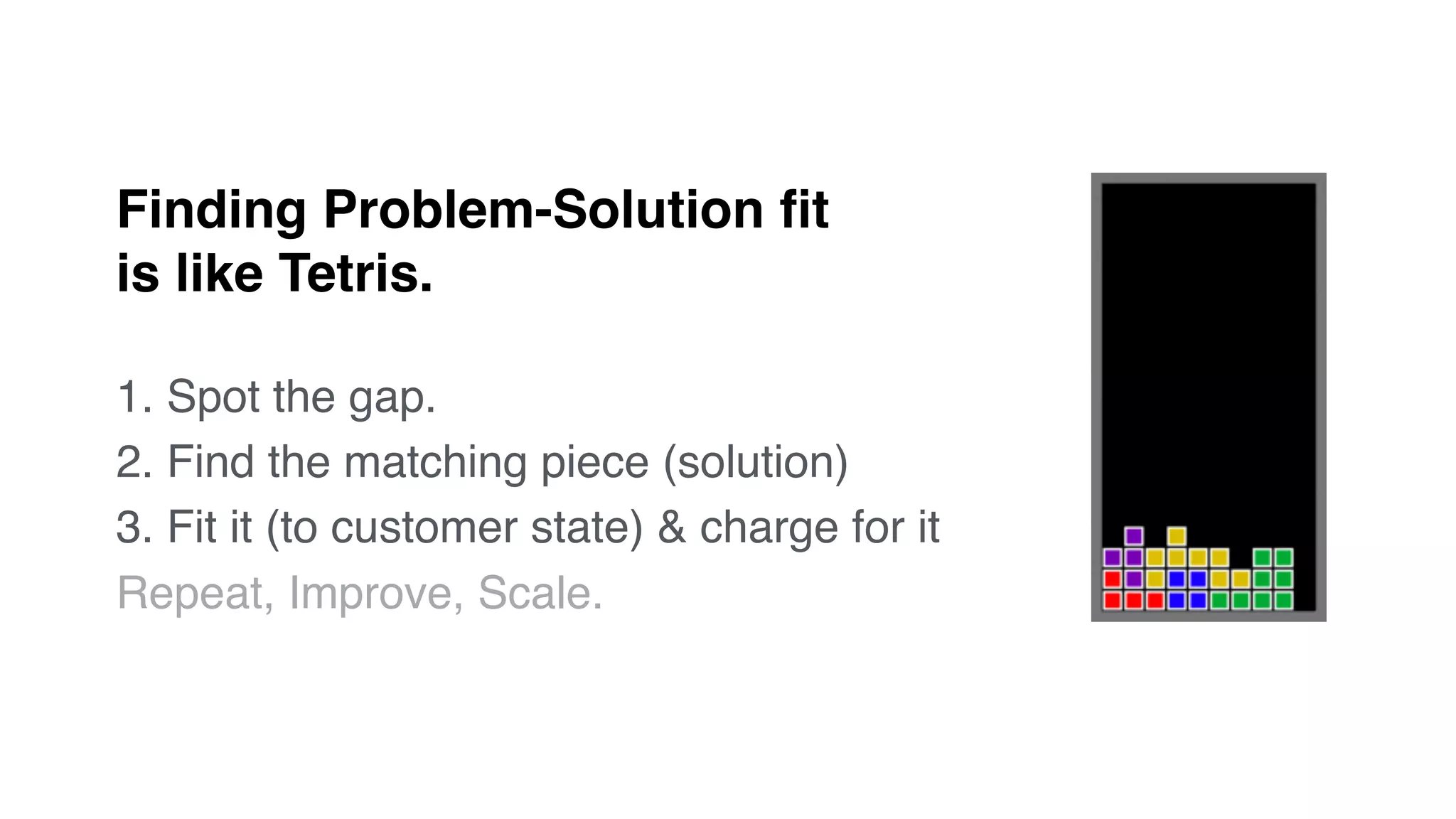 Finding Problem-Solution ﬁt
is like Tetris.
1. Spot the gap.
2. Find the matching piece (solution)
3. Fit it (to customer state) & charge for it
Repeat, Improve, Scale.
 