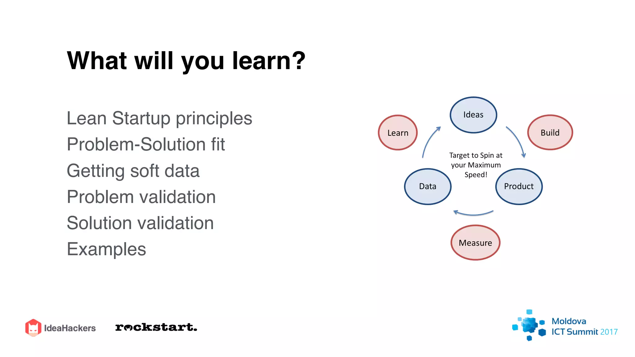 What will you learn?
Lean Startup principles
Problem-Solution ﬁt
Getting soft data
Problem validation
Solution validation
Examples
 