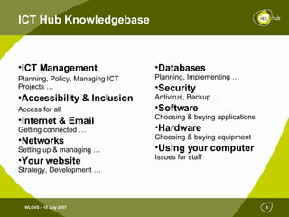 ICT Hub Knowledgebase ICT Management  Planning, Policy, Managing ICT Projects … Accessibility & Inclusion Access for all   Internet & Email Getting connected … Networks Setting up & managing … Your website Strategy, Development … Databases Planning, Implementing … Security Antivirus, Backup … Software Choosing & buying applications Hardware Choosing & buying equipment Using your computer Issues for staff 