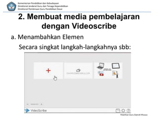 Pelatihan Guru Daerah Khusus
Kementerian Pendidikan dan Kebudayaan
Direktorat Jenderal Guru dan Tenaga Kependidikan
Direktorat Pembinaan Guru Pendidikan Dasar
a. Menambahkan Elemen
Secara singkat langkah-langkahnya sbb:
2. Membuat media pembelajaran
dengan Videoscribe
 