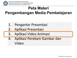 Pelatihan Guru Daerah Khusus
Kementerian Pendidikan dan Kebudayaan
Direktorat Jenderal Guru dan Tenaga Kependidikan
Direktorat Pembinaan Guru Pendidikan Dasar
1. Pengantar Presentasi
2. Aplikasi Presentasi
3. Aplikasi Video Animasi
4. Aplikasi Perekam Gambar dan
Video
Peta Materi
Pengembangan Media Pembelajaran
 