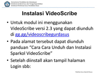 Pelatihan Guru Daerah Khusus
Kementerian Pendidikan dan Kebudayaan
Direktorat Jenderal Guru dan Tenaga Kependidikan
Direktorat Pembinaan Guru Pendidikan Dasar
Instalasi VideoScribe
• Untuk modul ini menggunakan
VideoScribe versi 2.3 yang dapat diunduh
di gg.gg/videoscribegurdasus
• Pada alamat tersebut dapat diunduh
panduan “Cara Cara Unduh dan Instalasi
Sparkol VideoScribe”
• Setelah diinstall akan tampil halaman
Login sbb:
 