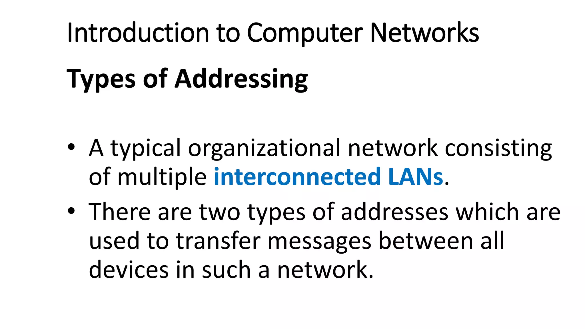 Introduction to Computer Networks
Types of Addressing
• A typical organizational network consisting
of multiple interconnected LANs.
• There are two types of addresses which are
used to transfer messages between all
devices in such a network.
 