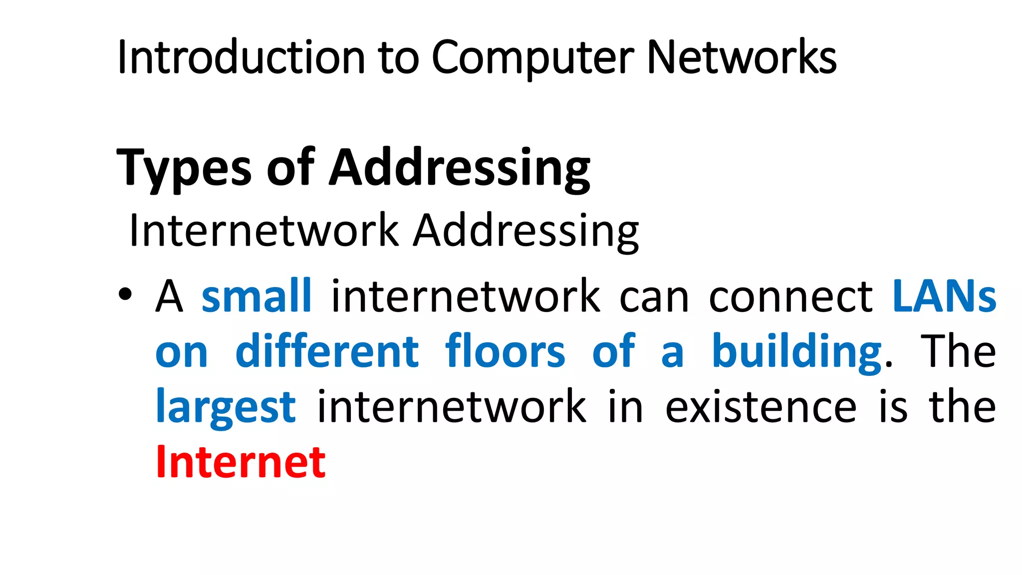 Introduction to Computer Networks
Types of Addressing
Internetwork Addressing
• A small internetwork can connect LANs
on different floors of a building. The
largest internetwork in existence is the
Internet
 
