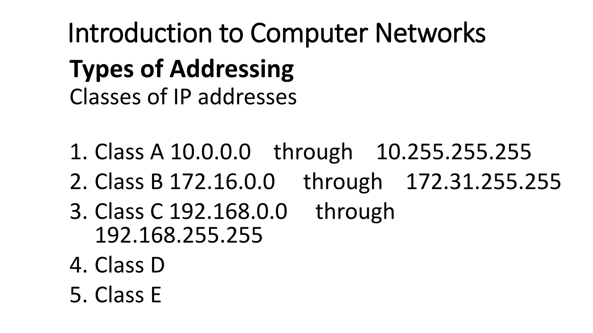 Introduction to Computer Networks
Types of Addressing
Classes of IP addresses
1. Class A 10.0.0.0 through 10.255.255.255
2. Class B 172.16.0.0 through 172.31.255.255
3. Class C 192.168.0.0 through
192.168.255.255
4. Class D
5. Class E
 