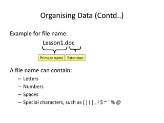 Organising Data (Contd..)
Example for file name:
Lesson1.doc
A file name can contain:
– Letters
– Numbers
– Spaces
– Special characters, such as [ ] { } , ! $ ~ ` % @
Primary name Extension
 