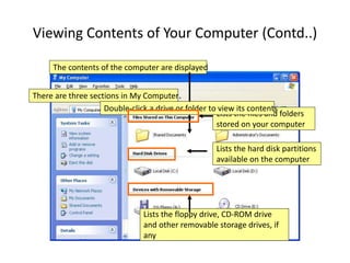 Viewing Contents of Your Computer (Contd..)
The contents of the computer are displayed
There are three sections in My Computer
Lists the files and folders
stored on your computer
Lists the hard disk partitions
available on the computer
Lists the floppy drive, CD-ROM drive
and other removable storage drives, if
any
Double-click a drive or folder to view its contents
 