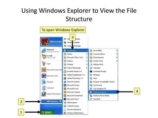 Using Windows Explorer to View the File
Structure
1
2
3
4
To open Windows Explorer
 