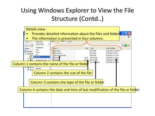 Using Windows Explorer to View the File
Structure (Contd..)
Details view :
• Provides detailed information about the files and folders.
• The information is presented in four columns.
Column 1 contains the name of the file or folder
Column 2 contains the size of the file
Column 3 contains the type of the file or folder
Column 4 contains the date and time of last modification of the file or folder
 