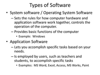 Types of Software
• System software / Operating System Software
– Sets the rules for how computer hardware and
application software work together, controls the
operation of the computer.
– Provides basic functions of the computer
• Example: Windows
• Application Software
– Lets you accomplish specific tasks based on your
needs.
– Is employed by users, such as teachers and
students, to accomplish specific tasks
• Examples: MS Word, Excel, Access, MS Works, Paint
 
