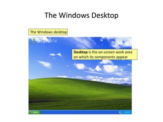 The Windows Desktop
The Windows desktop
Desktop is the on-screen work area
on which its components appear
 