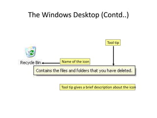 The Windows Desktop (Contd..)
Name of the icon
Tool tip
Tool tip gives a brief description about the icon
 