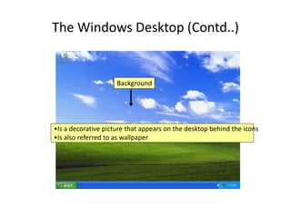The Windows Desktop (Contd..)
•Is a decorative picture that appears on the desktop behind the icons
•Is also referred to as wallpaper
Background
 