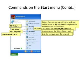 Commands on the Start menu (Contd..)
Picture files such as .jpg, .gif, .bmp, and .png
can be stored in My Pictures and organised as
thumbnails for easy browsing
Music files can be stored in the My Music folder
Used to access the drives, folders and
files on the computer
Lists the computers on the network
My Pictures
My Music
My Computer
My Network Places
 