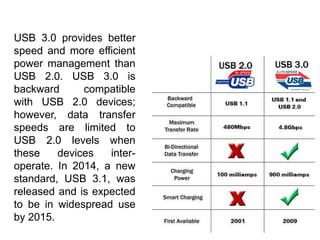 USB 3.0 provides better
speed and more efficient
power management than
USB 2.0. USB 3.0 is
backward compatible
with USB 2.0 devices;
however, data transfer
speeds are limited to
USB 2.0 levels when
these devices inter-
operate. In 2014, a new
standard, USB 3.1, was
released and is expected
to be in widespread use
by 2015.
 