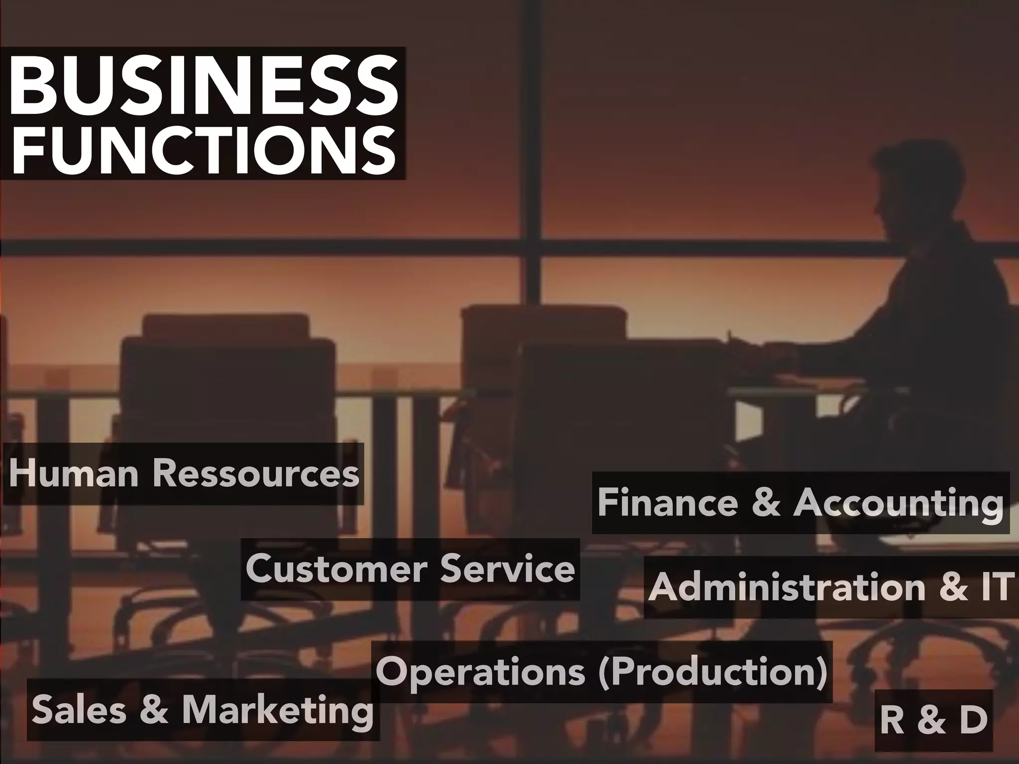 BUSINESS
FUNCTIONS
Human Ressources
Sales & Marketing R & D
Operations (Production)
Customer Service
Finance & Accounting
Administration & IT
 