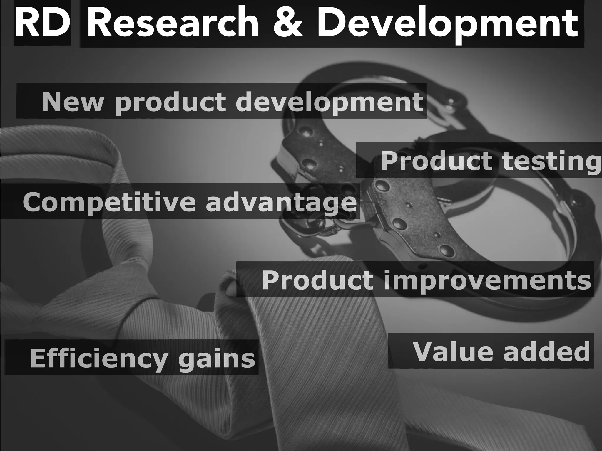 Research & DevelopmentRD
New product development
Product improvements
Competitive advantage
Value added
Product testing
Efficiency gains
 