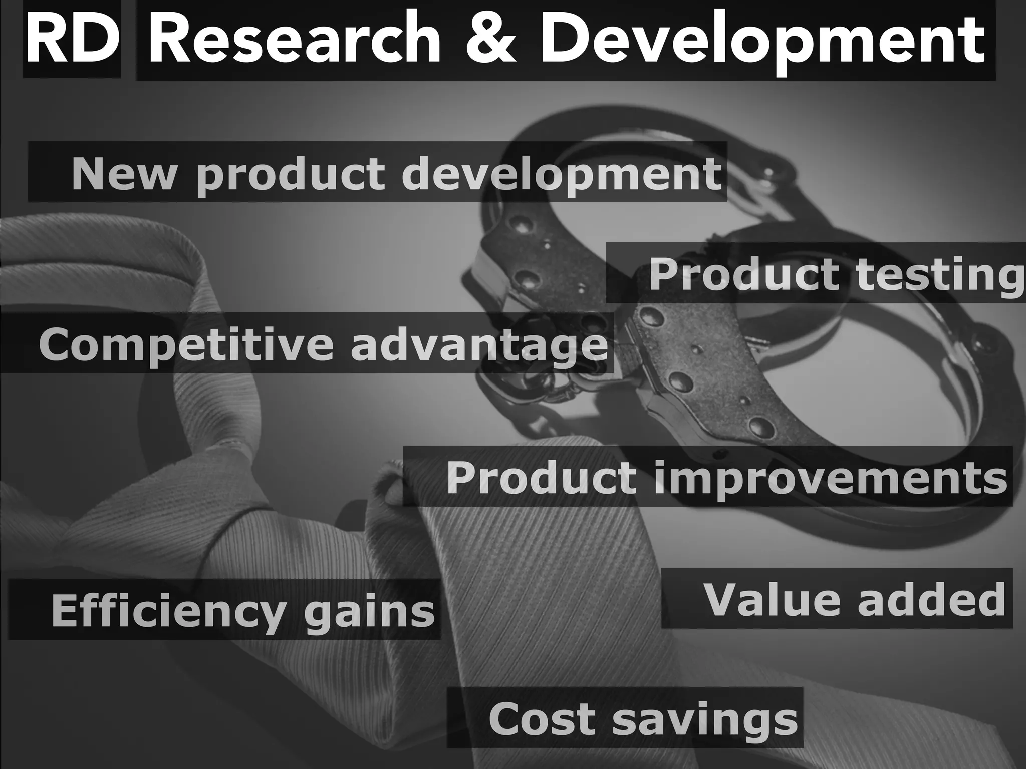 Research & DevelopmentRD
New product development
Product improvements
Competitive advantage
Value added
Product testing
Efficiency gains
Cost savings
 