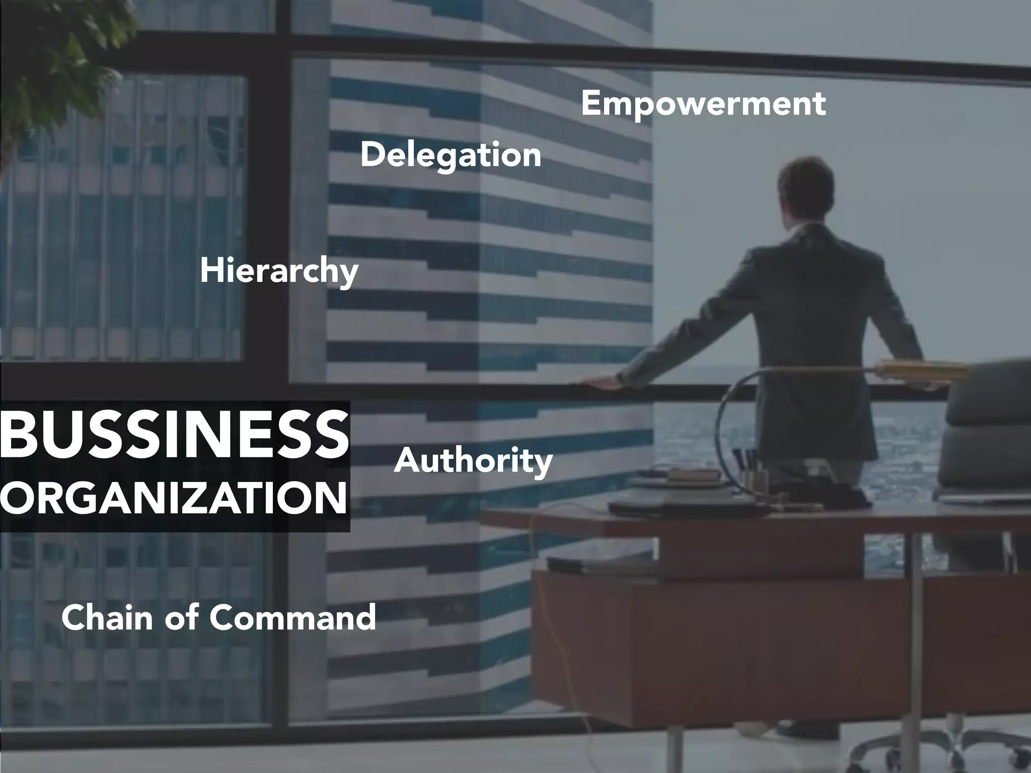 BUSSINESS
ORGANIZATION
Authority
Chain of Command
Hierarchy
Delegation
Empowerment
 