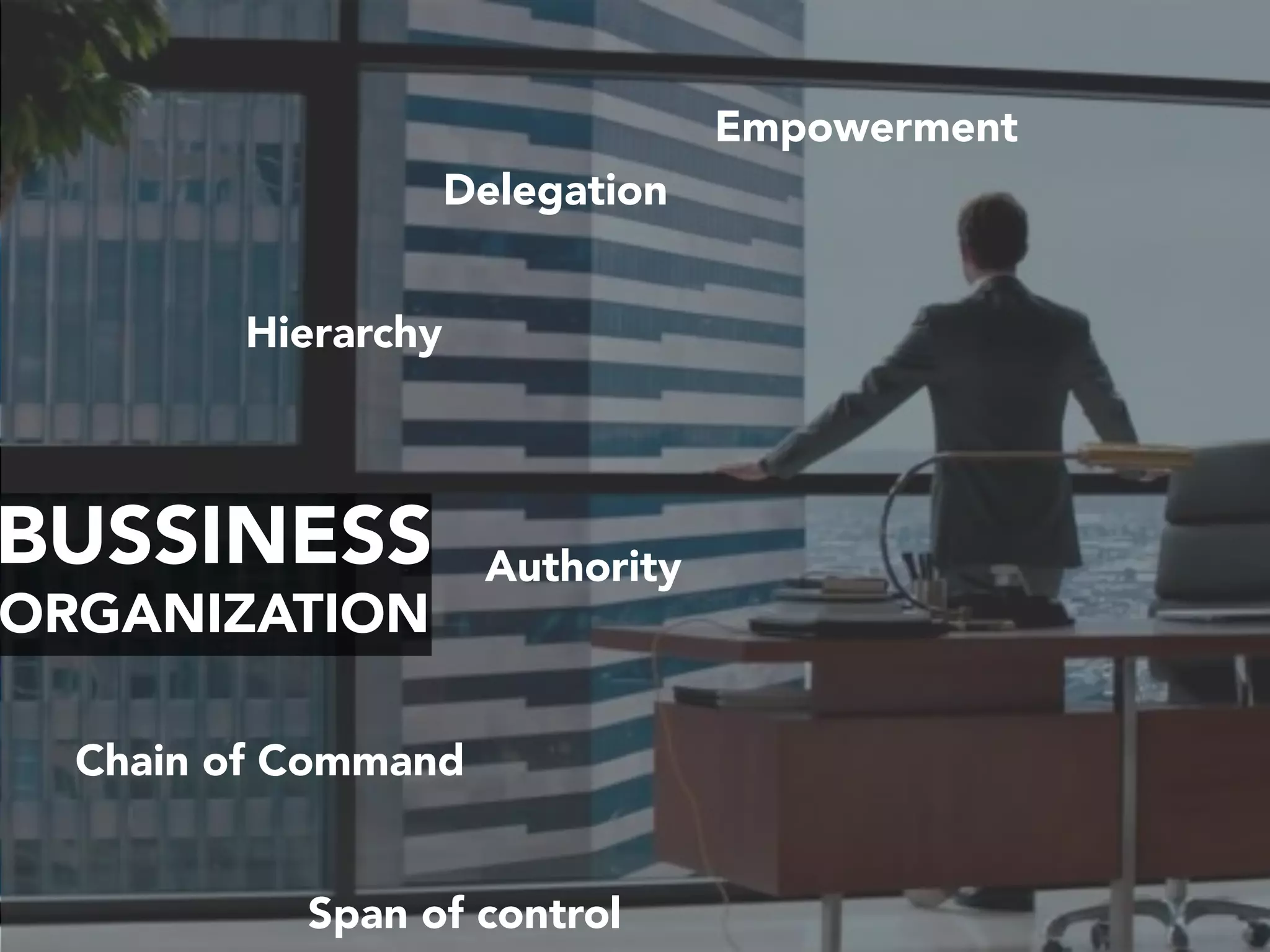 BUSSINESS
ORGANIZATION
Authority
Span of control
Chain of Command
Hierarchy
Delegation
Empowerment
 