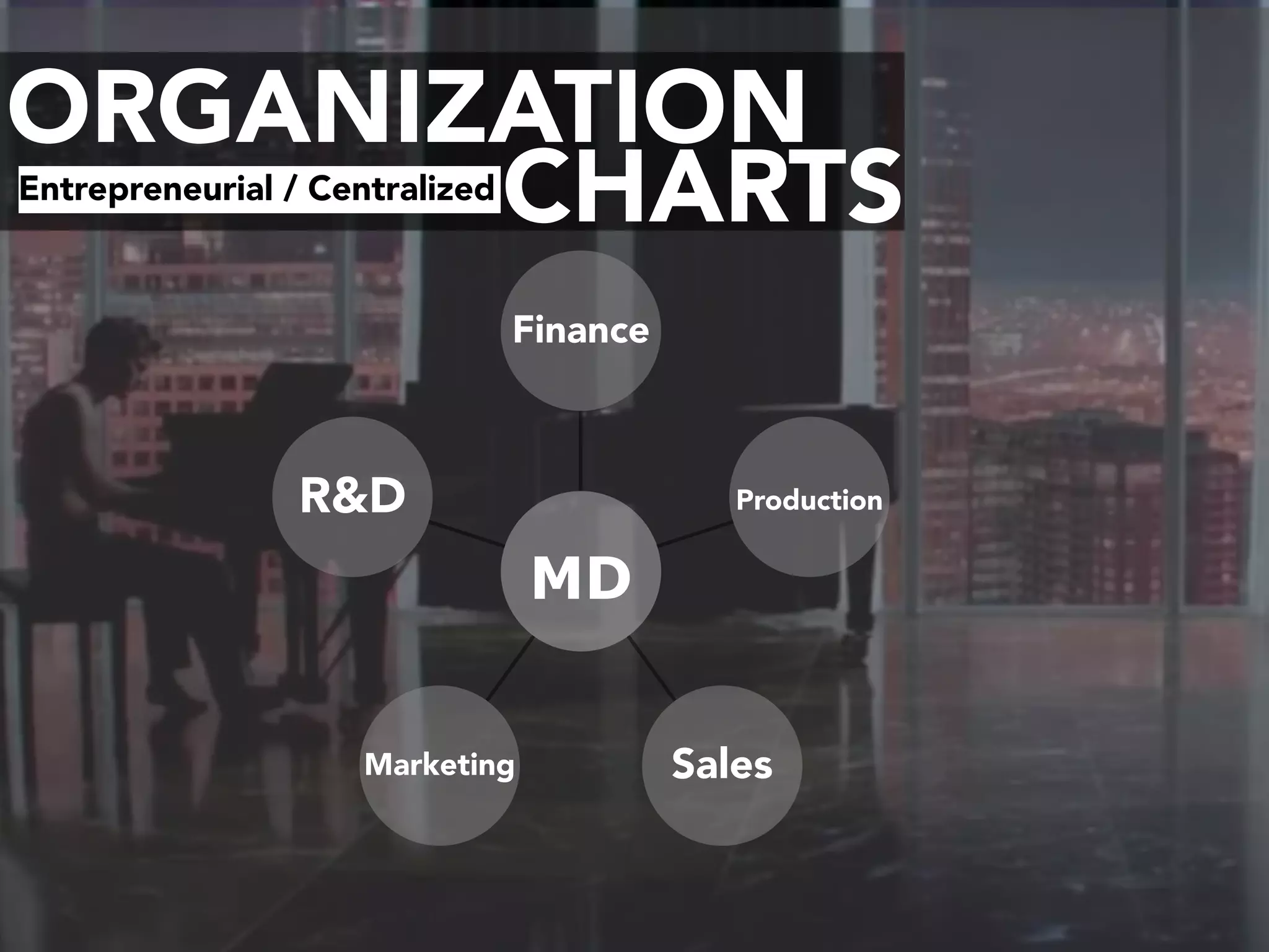 ORGANIZATION
CHARTSEntrepreneurial / Centralized
R&D
Marketing Sales
Production
Finance
MD
 