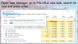 Open Task Manager, go to File->Run new task, search for
cmd and press enter.
 