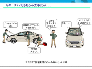 セキュリティももちろん大事だが．．．



                       これで             で、これから
ブレーキオイル              安全対策は   さあ．．．．   どこに行くの？
   OK!    盗難防止アラーム    完璧だ！
           作動チェック




             空気圧
             異常なし




           クラウドで何を実現するかの方がもっと大事
 