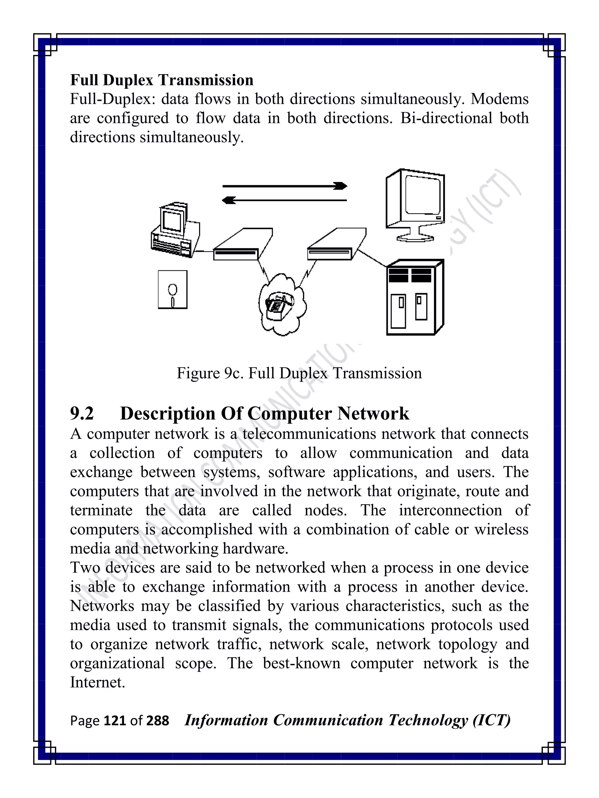 Page 121 of 288 Information Communication Technology (ICT)
Full Duplex Transmission
Full-Duplex: data flows in both directions simultaneously. Modems
are configured to flow data in both directions. Bi-directional both
directions simultaneously.
Figure 9c. Full Duplex Transmission
9.2 Description Of Computer Network
A computer network is a telecommunications network that connects
a collection of computers to allow communication and data
exchange between systems, software applications, and users. The
computers that are involved in the network that originate, route and
terminate the data are called nodes. The interconnection of
computers is accomplished with a combination of cable or wireless
media and networking hardware.
Two devices are said to be networked when a process in one device
is able to exchange information with a process in another device.
Networks may be classified by various characteristics, such as the
media used to transmit signals, the communications protocols used
to organize network traffic, network scale, network topology and
organizational scope. The best-known computer network is the
Internet.
 