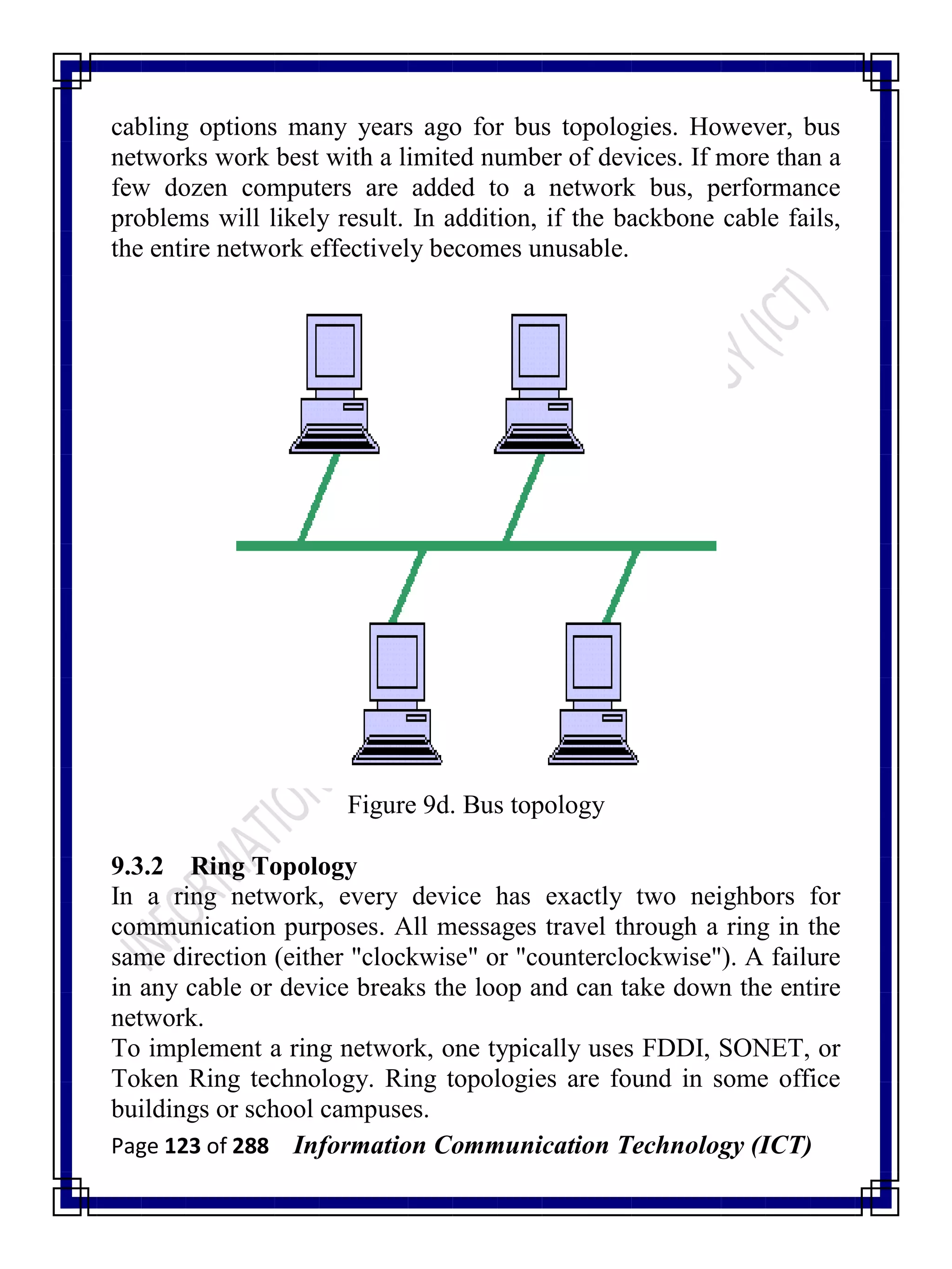 Page 123 of 288 Information Communication Technology (ICT)
cabling options many years ago for bus topologies. However, bus
networks work best with a limited number of devices. If more than a
few dozen computers are added to a network bus, performance
problems will likely result. In addition, if the backbone cable fails,
the entire network effectively becomes unusable.
Figure 9d. Bus topology
9.3.2 Ring Topology
In a ring network, every device has exactly two neighbors for
communication purposes. All messages travel through a ring in the
same direction (either "clockwise" or "counterclockwise"). A failure
in any cable or device breaks the loop and can take down the entire
network.
To implement a ring network, one typically uses FDDI, SONET, or
Token Ring technology. Ring topologies are found in some office
buildings or school campuses.
 