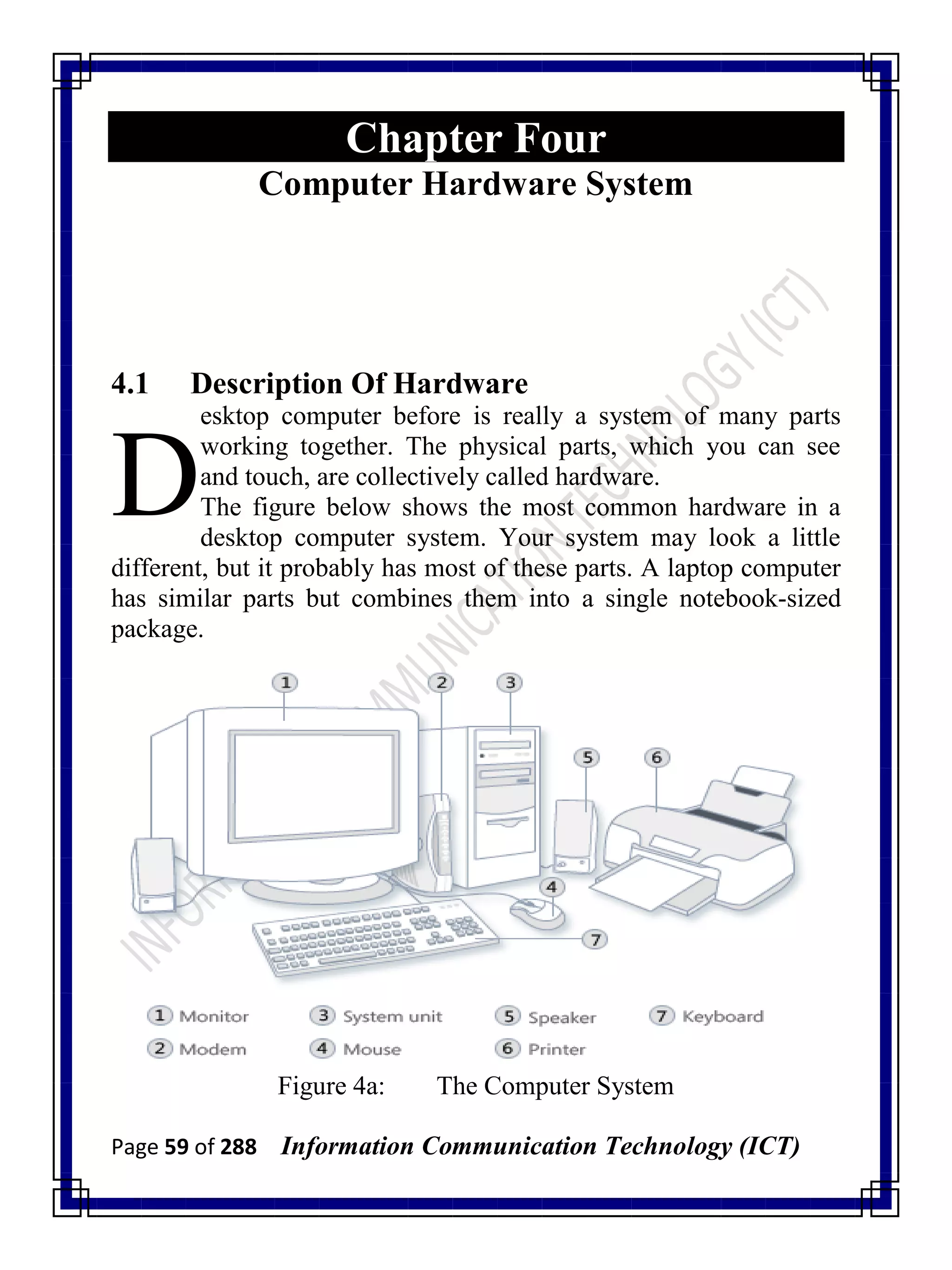 Page 59 of 288 Information Communication Technology (ICT)
Chapter Four
Computer Hardware System
4.1 Description Of Hardware
esktop computer before is really a system of many parts
working together. The physical parts, which you can see
and touch, are collectively called hardware.
The figure below shows the most common hardware in a
desktop computer system. Your system may look a little
different, but it probably has most of these parts. A laptop computer
has similar parts but combines them into a single notebook-sized
package.
Figure 4a: The Computer System
D
 