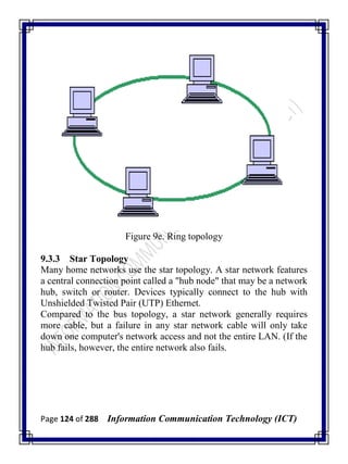 Page 124 of 288 Information Communication Technology (ICT)
Figure 9e. Ring topology
9.3.3 Star Topology
Many home networks use the star topology. A star network features
a central connection point called a "hub node" that may be a network
hub, switch or router. Devices typically connect to the hub with
Unshielded Twisted Pair (UTP) Ethernet.
Compared to the bus topology, a star network generally requires
more cable, but a failure in any star network cable will only take
down one computer's network access and not the entire LAN. (If the
hub fails, however, the entire network also fails.
 