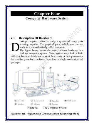 Page 59 of 288 Information Communication Technology (ICT)
Chapter Four
Computer Hardware System
4.1 Description Of Hardware
esktop computer before is really a system of many parts
working together. The physical parts, which you can see
and touch, are collectively called hardware.
The figure below shows the most common hardware in a
desktop computer system. Your system may look a little
different, but it probably has most of these parts. A laptop computer
has similar parts but combines them into a single notebook-sized
package.
Figure 4a: The Computer System
D
 
