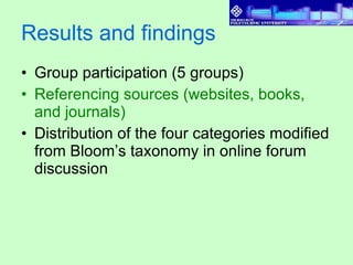 Results and findings Group participation (5 groups) Referencing sources (websites, books, and journals) Distribution of the four categories modified from Bloom’s taxonomy in online forum discussion 