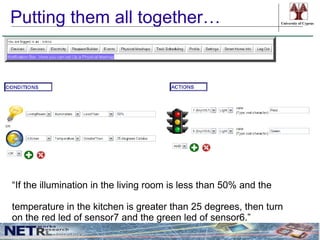 Putting them all together…                                         University of Cyprus




“If the illumination in the living room is less than 50% and the

temperature in the kitchen is greater than 25 degrees, then turn
on the red led of sensor7 and the green led of sensor6.”
 