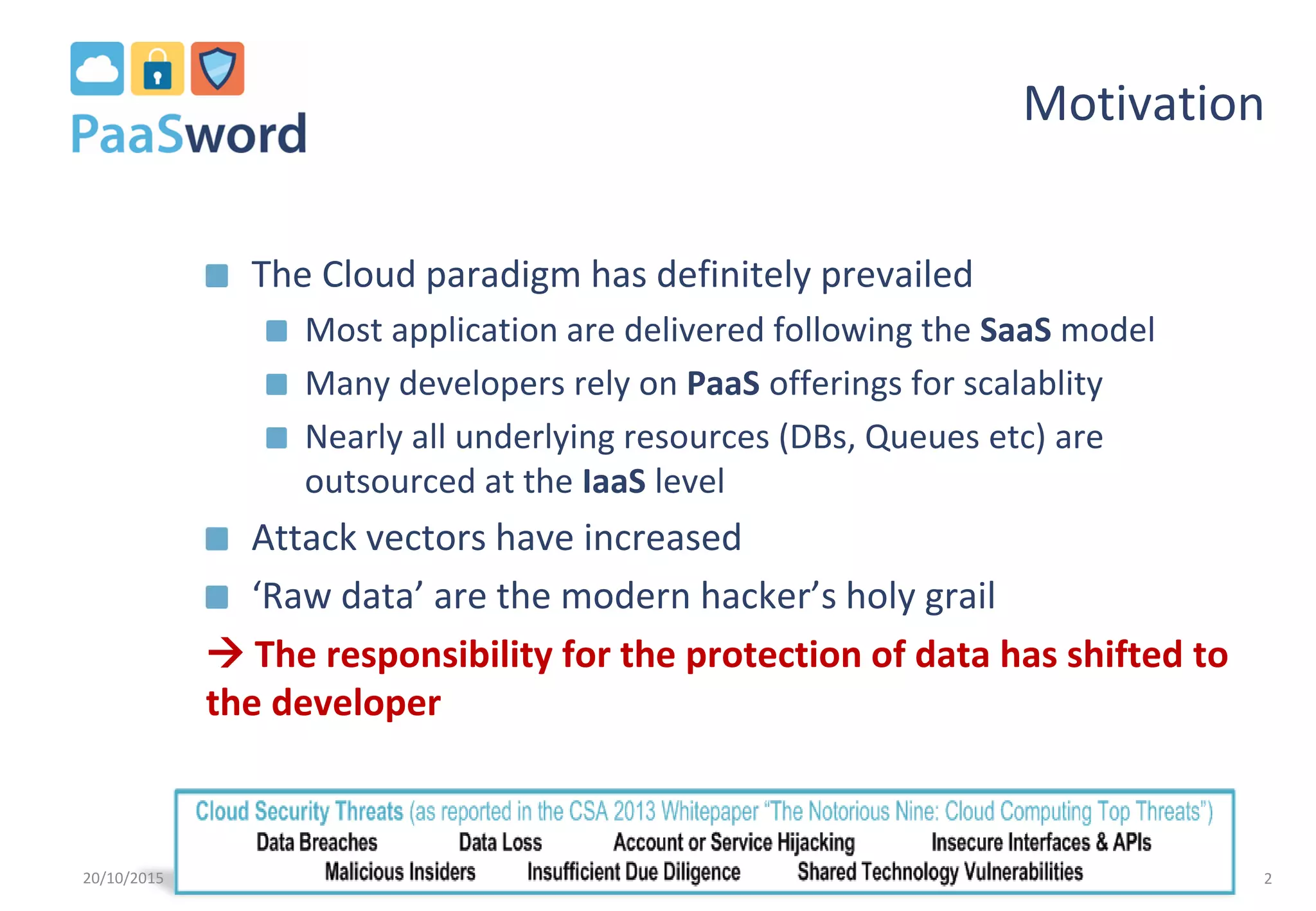 Motivation
The Cloud paradigm has definitely prevailed
Most application are delivered following the SaaS model
Many developers rely on PaaS offerings for scalablity
Nearly all underlying resources (DBs, Queues etc) are
outsourced at the IaaS level
Attack vectors have increased
‘Raw data’ are the modern hacker’s holy grail
 The responsibility for the protection of data has shifted to
the developer
220/10/2015
 