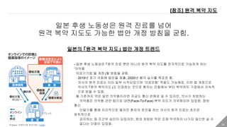 24
일본 후생 노동성은 원격 진료를 넘어
원격 복약 지도도 가능한 법안 개정 방침을 굳힘.
일본의 「원격 복약 지도」 법안 개정 트렌드
[참조] 원격 복약 지도
※ Source : 医師処方薬、配送可能に (LINK)
- 일본 후생 노동성은 「원격 진료 뿐만 아니라 원격 복약 지도를 전국적으로 가능하게 하는
‘의약품
의료기기법’을 개정」할 방침을 굳힘.
· 2019년 정기 국회에 법안을 제출, 2020년 봄의 실시를 목표로 함.
· 의사의 원격 진료는 이미 일부 시작되었으며 ‘의료보험’ 적용도 가능해짐. 이번 법 개정으로
약사의 「원격 복약지도」도 인정하는 것으로 환자는 진찰에서 부터 복약까지 가정에서 지속적
으로 받을 수 있음.
※ 기존까지 약은 일반 의약품이라면 지금도 통신 판매로 살 수 있지만, 의사가 처방하는
의약품은 의약품 관련 법으로 대면(Face-To-Face) 복약 지도가 의무화되어 있었음. 정보
통신
단말기를 통해 지리적으로 떨어진 환자의 문진을 하는 의사의 원격 진료는 초진은
원칙적으로
금지하는 등 조건부 승인이 되었지만, 원외 처방된 약은 조제 약국까지 나가지 않으면 살 수
없다는 단점이 있었음.
 