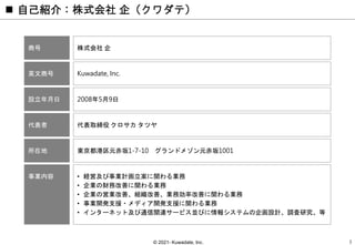 © 2021- Kuwadate, Inc.
 自己紹介：株式会社 企（クワダテ）
商号 株式会社 企
英文商号 Kuwadate, Inc.
設立年月日 2008年5月9日
事業内容 • 経営及び事業計画立案に関わる業務
• 企業の財務改善に関わる業務
• 企業の営業改善、組織改善、業務効率改善に関わる業務
• 事業開発支援・メディア開発支援に関わる業務
• インターネット及び通信関連サービス並びに情報システムの企画設計、調査研究、等
代表者 代表取締役 クロサカ タツヤ
所在地 東京都港区元赤坂1-7-10 グランドメゾン元赤坂1001
3
 