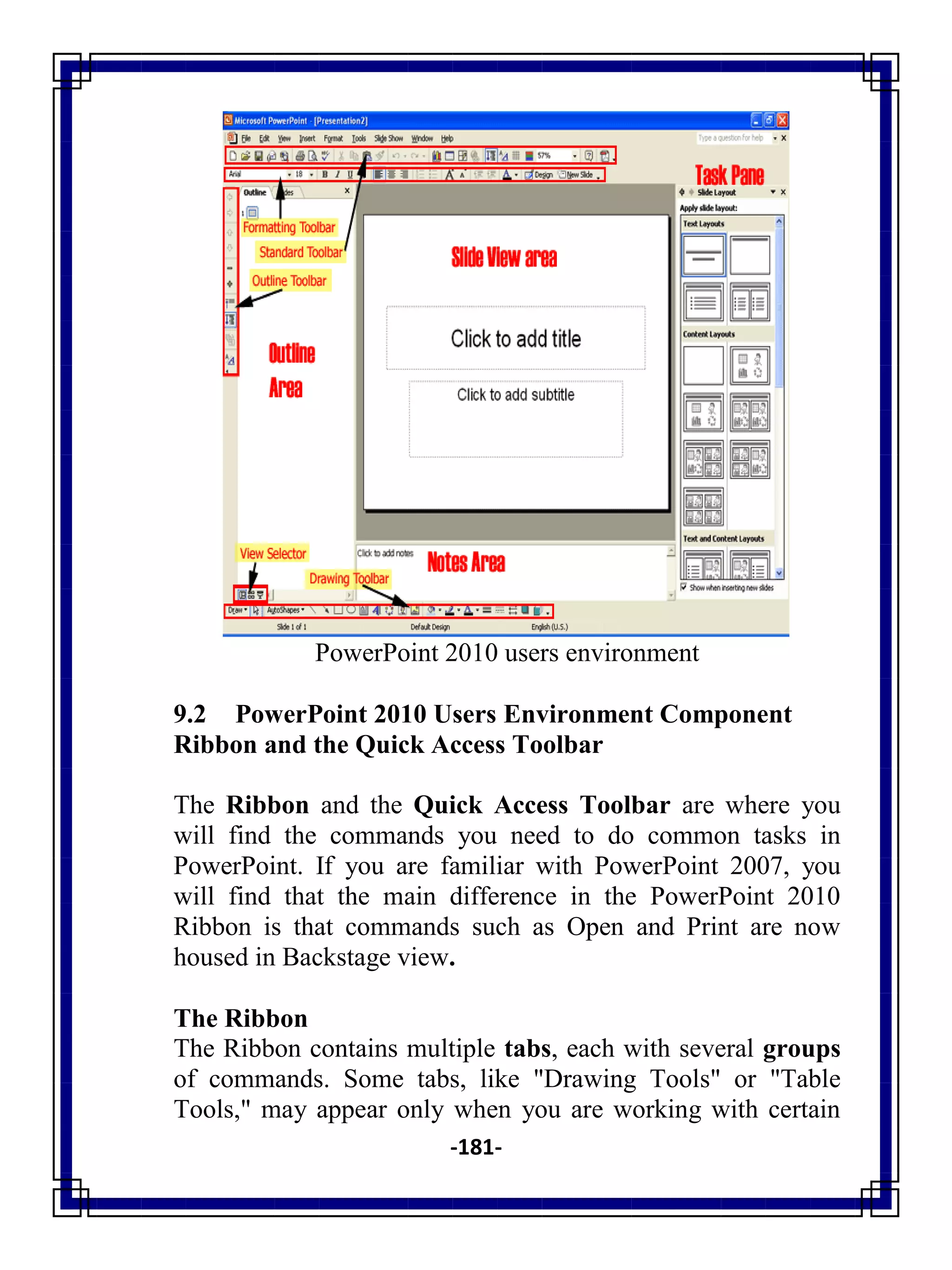 -181-
PowerPoint 2010 users environment
9.2 PowerPoint 2010 Users Environment Component
Ribbon and the Quick Access Toolbar
The Ribbon and the Quick Access Toolbar are where you
will find the commands you need to do common tasks in
PowerPoint. If you are familiar with PowerPoint 2007, you
will find that the main difference in the PowerPoint 2010
Ribbon is that commands such as Open and Print are now
housed in Backstage view.
The Ribbon
The Ribbon contains multiple tabs, each with several groups
of commands. Some tabs, like "Drawing Tools" or "Table
Tools," may appear only when you are working with certain
 