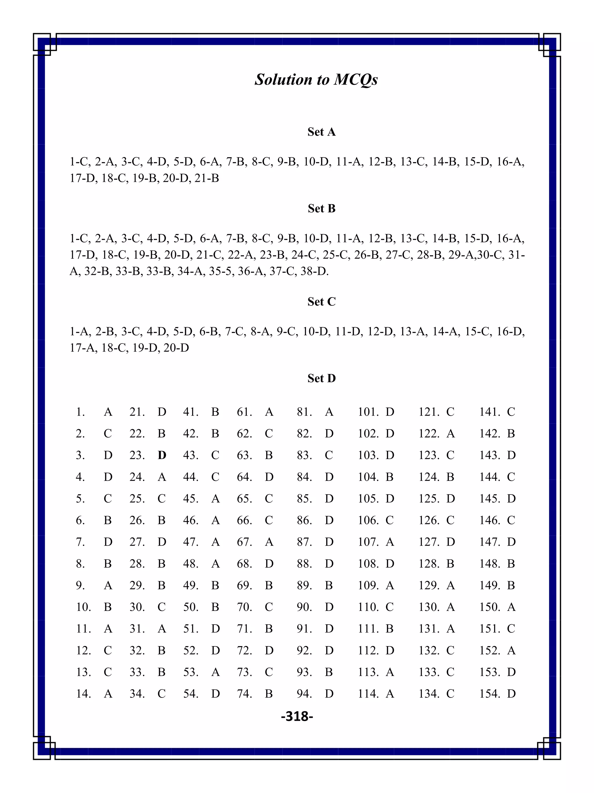 -318-
Solution to MCQs
Set A
1-C, 2-A, 3-C, 4-D, 5-D, 6-A, 7-B, 8-C, 9-B, 10-D, 11-A, 12-B, 13-C, 14-B, 15-D, 16-A,
17-D, 18-C, 19-B, 20-D, 21-B
Set B
1-C, 2-A, 3-C, 4-D, 5-D, 6-A, 7-B, 8-C, 9-B, 10-D, 11-A, 12-B, 13-C, 14-B, 15-D, 16-A,
17-D, 18-C, 19-B, 20-D, 21-C, 22-A, 23-B, 24-C, 25-C, 26-B, 27-C, 28-B, 29-A,30-C, 31-
A, 32-B, 33-B, 33-B, 34-A, 35-5, 36-A, 37-C, 38-D.
Set C
1-A, 2-B, 3-C, 4-D, 5-D, 6-B, 7-C, 8-A, 9-C, 10-D, 11-D, 12-D, 13-A, 14-A, 15-C, 16-D,
17-A, 18-C, 19-D, 20-D
Set D
1. A 21. D 41. B 61. A 81. A 101. D 121. C 141. C
2. C 22. B 42. B 62. C 82. D 102. D 122. A 142. B
3. D 23. D 43. C 63. B 83. C 103. D 123. C 143. D
4. D 24. A 44. C 64. D 84. D 104. B 124. B 144. C
5. C 25. C 45. A 65. C 85. D 105. D 125. D 145. D
6. B 26. B 46. A 66. C 86. D 106. C 126. C 146. C
7. D 27. D 47. A 67. A 87. D 107. A 127. D 147. D
8. B 28. B 48. A 68. D 88. D 108. D 128. B 148. B
9. A 29. B 49. B 69. B 89. B 109. A 129. A 149. B
10. B 30. C 50. B 70. C 90. D 110. C 130. A 150. A
11. A 31. A 51. D 71. B 91. D 111. B 131. A 151. C
12. C 32. B 52. D 72. D 92. D 112. D 132. C 152. A
13. C 33. B 53. A 73. C 93. B 113. A 133. C 153. D
14. A 34. C 54. D 74. B 94. D 114. A 134. C 154. D
 