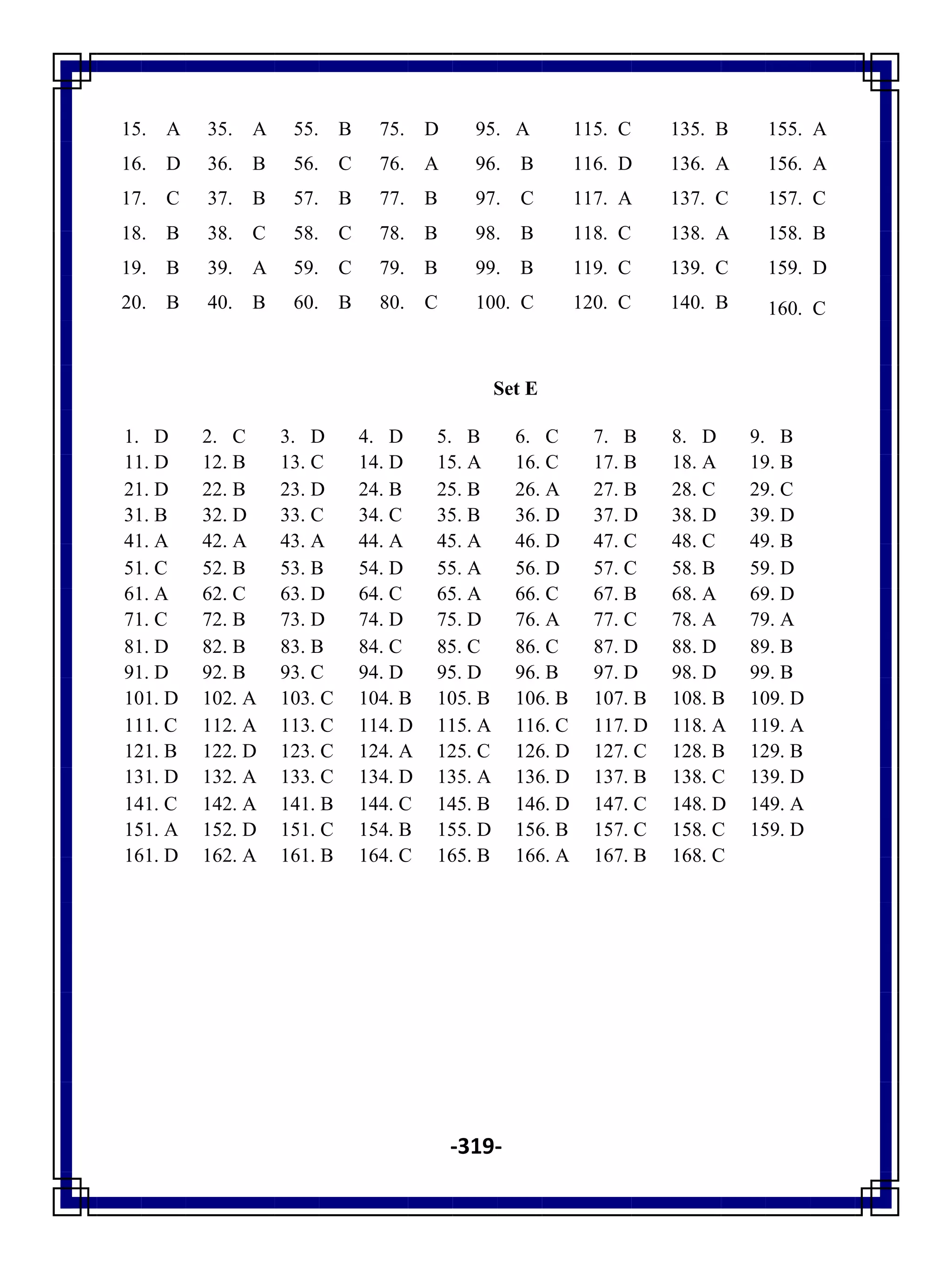 -319-
15. A 35. A 55. B 75. D 95. A 115. C 135. B 155. A
16. D 36. B 56. C 76. A 96. B 116. D 136. A 156. A
17. C 37. B 57. B 77. B 97. C 117. A 137. C 157. C
18. B 38. C 58. C 78. B 98. B 118. C 138. A 158. B
19. B 39. A 59. C 79. B 99. B 119. C 139. C 159. D
20. B 40. B 60. B 80. C 100. C 120. C 140. B 160. C
Set E
1. D 2. C 3. D 4. D 5. B 6. C 7. B 8. D 9. B
11. D 12. B 13. C 14. D 15. A 16. C 17. B 18. A 19. B
21. D 22. B 23. D 24. B 25. B 26. A 27. B 28. C 29. C
31. B 32. D 33. C 34. C 35. B 36. D 37. D 38. D 39. D
41. A 42. A 43. A 44. A 45. A 46. D 47. C 48. C 49. B
51. C 52. B 53. B 54. D 55. A 56. D 57. C 58. B 59. D
61. A 62. C 63. D 64. C 65. A 66. C 67. B 68. A 69. D
71. C 72. B 73. D 74. D 75. D 76. A 77. C 78. A 79. A
81. D 82. B 83. B 84. C 85. C 86. C 87. D 88. D 89. B
91. D 92. B 93. C 94. D 95. D 96. B 97. D 98. D 99. B
101. D 102. A 103. C 104. B 105. B 106. B 107. B 108. B 109. D
111. C 112. A 113. C 114. D 115. A 116. C 117. D 118. A 119. A
121. B 122. D 123. C 124. A 125. C 126. D 127. C 128. B 129. B
131. D 132. A 133. C 134. D 135. A 136. D 137. B 138. C 139. D
141. C 142. A 141. B 144. C 145. B 146. D 147. C 148. D 149. A
151. A 152. D 151. C 154. B 155. D 156. B 157. C 158. C 159. D
161. D 162. A 161. B 164. C 165. B 166. A 167. B 168. C
 