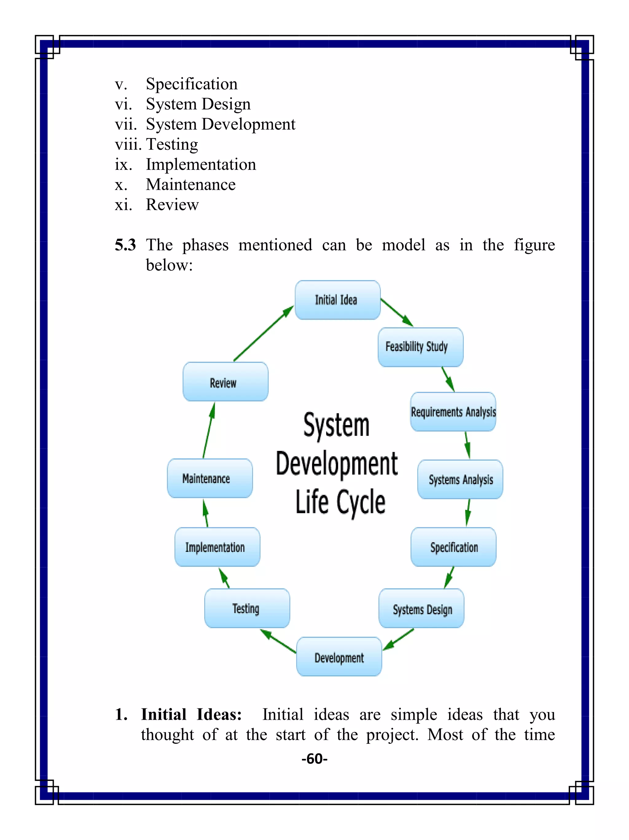 -60-
v. Specification
vi. System Design
vii. System Development
viii. Testing
ix. Implementation
x. Maintenance
xi. Review
5.3 The phases mentioned can be model as in the figure
below:
1. Initial Ideas: Initial ideas are simple ideas that you
thought of at the start of the project. Most of the time
 