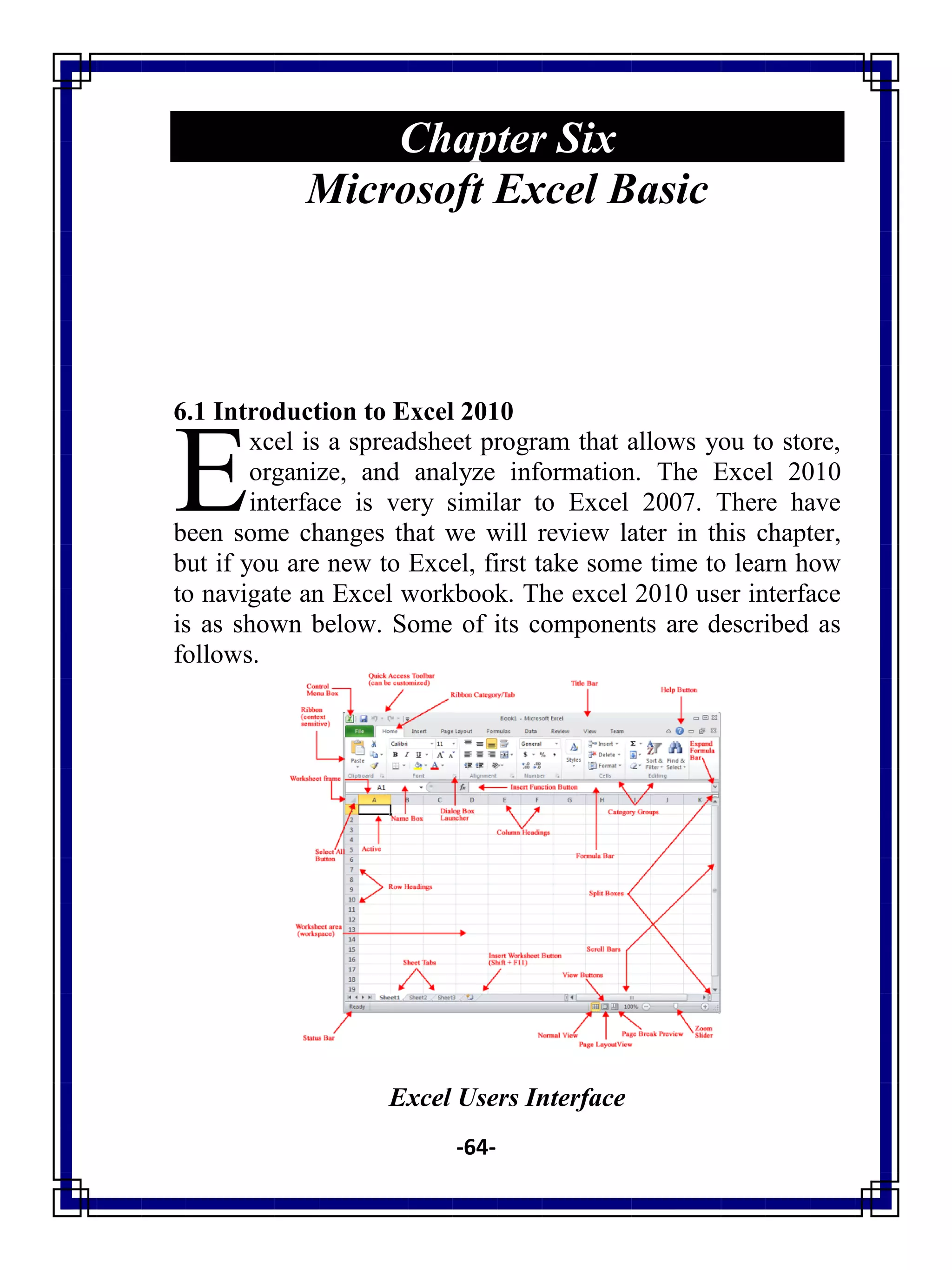 -64-
Chapter Six
Microsoft Excel Basic
6.1 Introduction to Excel 2010
xcel is a spreadsheet program that allows you to store,
organize, and analyze information. The Excel 2010
interface is very similar to Excel 2007. There have
been some changes that we will review later in this chapter,
but if you are new to Excel, first take some time to learn how
to navigate an Excel workbook. The excel 2010 user interface
is as shown below. Some of its components are described as
follows.
Excel Users Interface
E
 