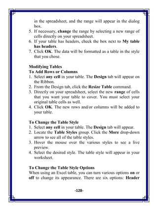 -128-
in the spreadsheet, and the range will appear in the dialog
box.
5. If necessary, change the range by selecting a new range of
cells directly on your spreadsheet.
6. If your table has headers, check the box next to My table
has headers.
7. Click OK. The data will be formatted as a table in the style
that you chose.
Modifying Tables
To Add Rows or Columns
1. Select any cell in your table. The Design tab will appear on
the Ribbon.
2. From the Design tab, click the Resize Table command.
3. Directly on your spreadsheet, select the new range of cells
that you want your table to cover. You must select your
original table cells as well.
4. Click OK. The new rows and/or columns will be added to
your table.
To Change the Table Style
1. Select any cell in your table. The Design tab will appear.
2. Locate the Table Styles group. Click the More drop-down
arrow to see all of the table styles.
3. Hover the mouse over the various styles to see a live
preview.
4. Select the desired style. The table style will appear in your
worksheet.
To Change the Table Style Options
When using an Excel table, you can turn various options on or
off to change its appearance. There are six options: Header
 