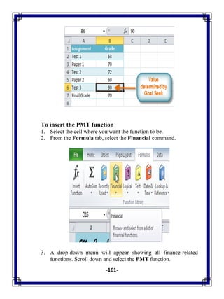 -161-
To insert the PMT function
1. Select the cell where you want the function to be.
2. From the Formula tab, select the Financial command.
3. A drop-down menu will appear showing all finance-related
functions. Scroll down and select the PMT function.
 