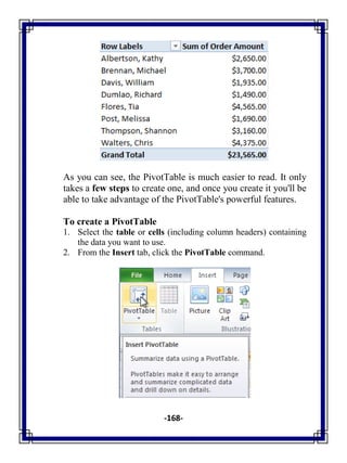 -168-
As you can see, the PivotTable is much easier to read. It only
takes a few steps to create one, and once you create it you'll be
able to take advantage of the PivotTable's powerful features.
To create a PivotTable
1. Select the table or cells (including column headers) containing
the data you want to use.
2. From the Insert tab, click the PivotTable command.
 