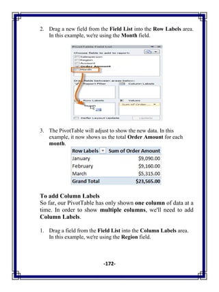 -172-
2. Drag a new field from the Field List into the Row Labels area.
In this example, we're using the Month field.
3. The PivotTable will adjust to show the new data. In this
example, it now shows us the total Order Amount for each
month.
To add Column Labels
So far, our PivotTable has only shown one column of data at a
time. In order to show multiple columns, we'll need to add
Column Labels.
1. Drag a field from the Field List into the Column Labels area.
In this example, we're using the Region field.
 