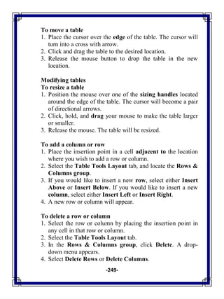 -249-
To move a table
1. Place the cursor over the edge of the table. The cursor will
turn into a cross with arrow.
2. Click and drag the table to the desired location.
3. Release the mouse button to drop the table in the new
location.
Modifying tables
To resize a table
1. Position the mouse over one of the sizing handles located
around the edge of the table. The cursor will become a pair
of directional arrows.
2. Click, hold, and drag your mouse to make the table larger
or smaller.
3. Release the mouse. The table will be resized.
To add a column or row
1. Place the insertion point in a cell adjacent to the location
where you wish to add a row or column.
2. Select the Table Tools Layout tab, and locate the Rows &
Columns group.
3. If you would like to insert a new row, select either Insert
Above or Insert Below. If you would like to insert a new
column, select either Insert Left or Insert Right.
4. A new row or column will appear.
To delete a row or column
1. Select the row or column by placing the insertion point in
any cell in that row or column.
2. Select the Table Tools Layout tab.
3. In the Rows & Columns group, click Delete. A drop-
down menu appears.
4. Select Delete Rows or Delete Columns.
 