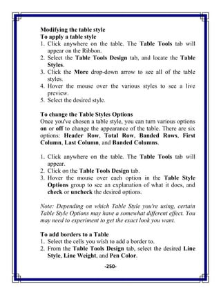 -250-
Modifying the table style
To apply a table style
1. Click anywhere on the table. The Table Tools tab will
appear on the Ribbon.
2. Select the Table Tools Design tab, and locate the Table
Styles.
3. Click the More drop-down arrow to see all of the table
styles.
4. Hover the mouse over the various styles to see a live
preview.
5. Select the desired style.
To change the Table Styles Options
Once you've chosen a table style, you can turn various options
on or off to change the appearance of the table. There are six
options: Header Row, Total Row, Banded Rows, First
Column, Last Column, and Banded Columns.
1. Click anywhere on the table. The Table Tools tab will
appear.
2. Click on the Table Tools Design tab.
3. Hover the mouse over each option in the Table Style
Options group to see an explanation of what it does, and
check or uncheck the desired options.
Note: Depending on which Table Style you're using, certain
Table Style Options may have a somewhat different effect. You
may need to experiment to get the exact look you want.
To add borders to a Table
1. Select the cells you wish to add a border to.
2. From the Table Tools Design tab, select the desired Line
Style, Line Weight, and Pen Color.
 